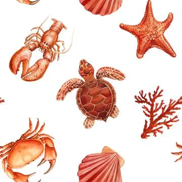Watercolor seashell seamless pattern. Underwater creatures, crab, starfish, sea イラスト素材