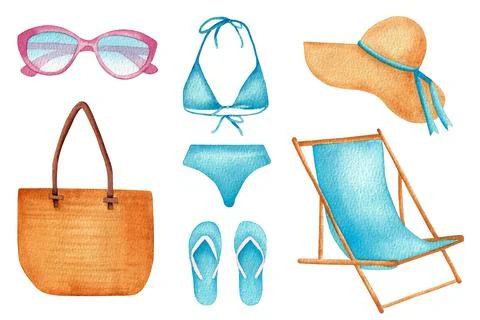 Watercolor set of accessories for the beach. Stock Illustration