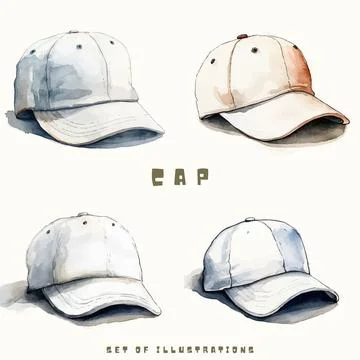 Watercolor set of baseball cap. Hand drawn illustration isolated on white backgr 스톡 일러스트