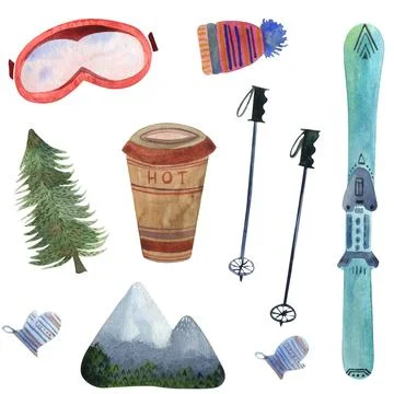 Watercolor set of elements about ski holidays in the mountains with skies, hot イラスト素材