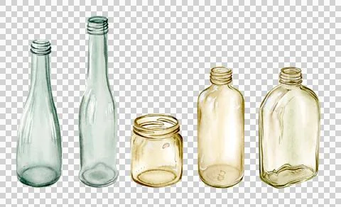 Watercolor set of five empty bottles Stock Illustration