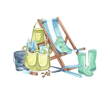 Watercolor set of garden objects apron, rubber boots, watering basket, flower Stock Illustration