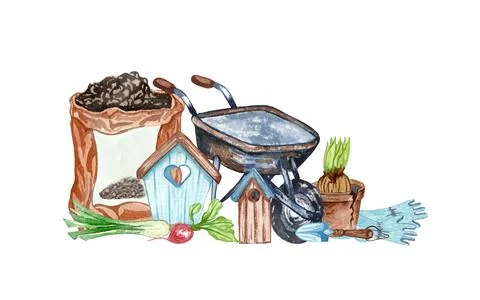 Watercolor set of garden objects a bag of mud, watering can, flowerpot, cart. Stock Illustration