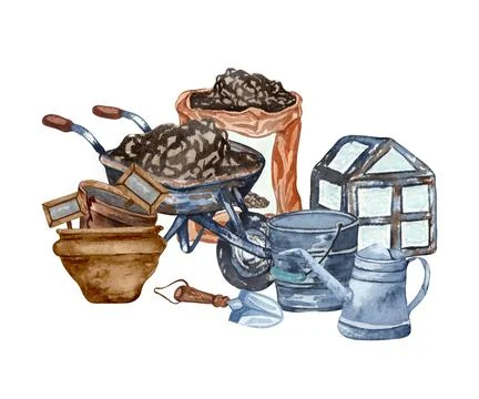 Watercolor set of garden objects a bag of mud, watering can, flowerpot, cart. Stock Illustration