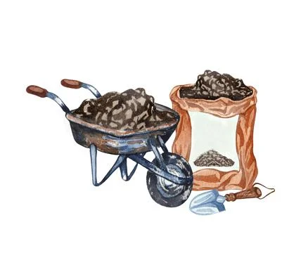 Watercolor set of garden objects a bag of mud, watering can, flowerpot, cart. Stock Illustration