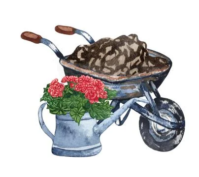 Watercolor set of garden objects a bag of mud, watering can, flowerpot, cart. Stock Illustration