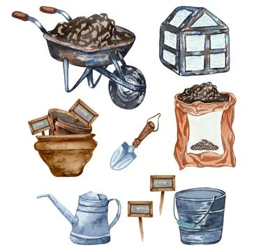 Watercolor set of garden objects a bag of mud, watering can, flowerpot, cart. Stock Illustration