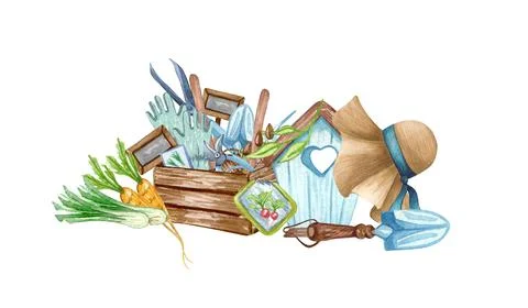 Watercolor set of garden objects a bag of mud, watering can, flowerpot, seeds Stock Illustration