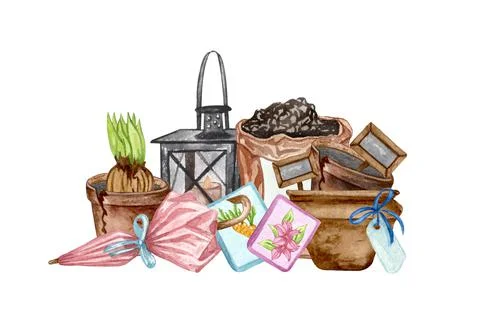 Watercolor set of garden objects a bag of mud, watering can, flowerpot, seeds Stock Illustration