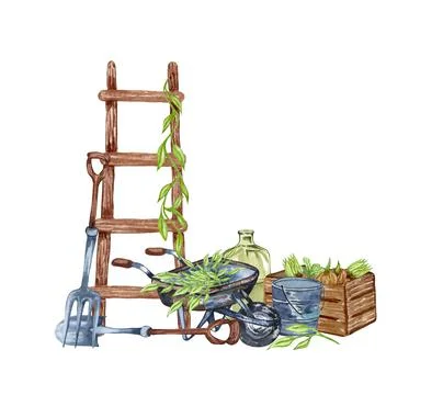 Watercolor set of garden objects a ladder, wooden box, , watering can, flower Stock Illustration
