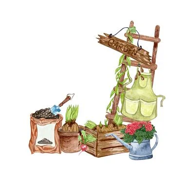 Watercolor set of garden objects ladder, flowerpot, compost, upron, liana, seeds Stock Illustration