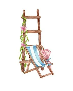 Watercolor set of garden objects ladder, flowerpot, sun chair, compost, liana Stock Illustration