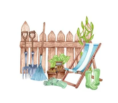 Watercolor set of garden objects rubber boots, watering can, flowerpot, sun c Stock Illustration