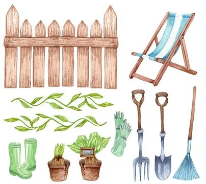 Watercolor set of garden objects rubber boots, watering can, flowerpot, sun c Stock Illustration