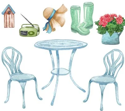 Watercolor set of garden objects table with chair, rubber boots, watering can Stock Illustration