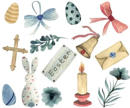 Watercolor set of illustration Easter topic with symbol ribbon bow eggs bell Stock Illustration