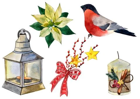 Watercolor set of winter elements on white background 스톡 일러스트