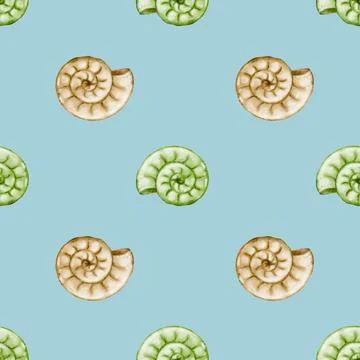 Watercolor shell pattern design on light blue textile for wrapping and pack.. Stock Photos