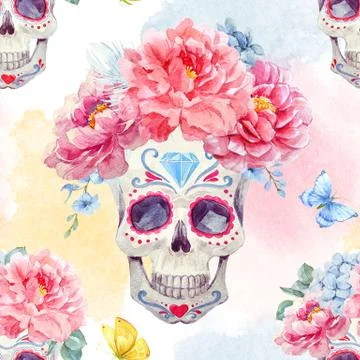 Watercolor skull seamless pattern Stock Illustration