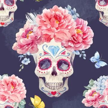 Watercolor skull seamless pattern Illustrazione stock