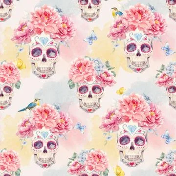 Watercolor skull seamless pattern Stock Illustration