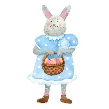 Watercolor smiling female rabbit with an Easter basket with eg Stock Illustration