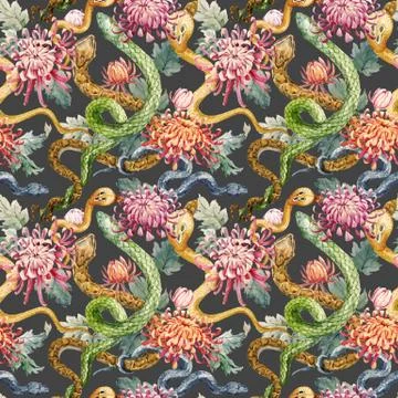 Watercolor snake and flowers pattern 스톡 일러스트