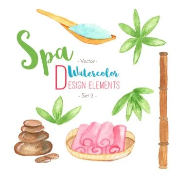 Watercolor Spa design elements on white background Stock Illustration