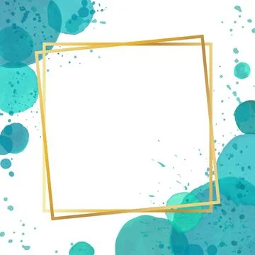 Watercolor splash effect border frame background. Blue brush strokes Gold r.. Ilustración de archivo
