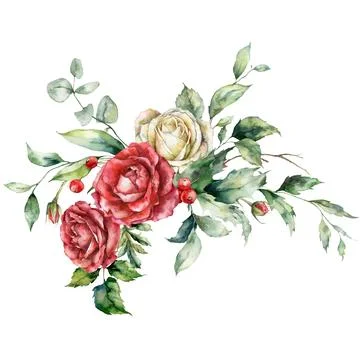 Watercolor spring bouquet of red and white roses, berries and leaves. Hand pa Stock Illustration