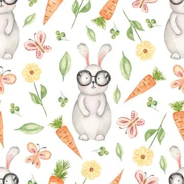 Watercolor spring digital paper. easter bunny seamless spring pattern. Neut.. Stock Illustration