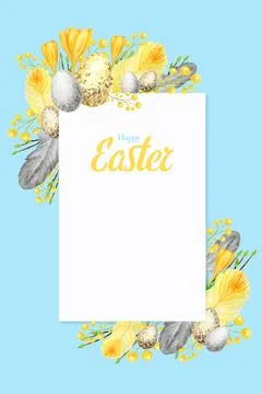 Watercolor Spring happy Easter frame with inscription. Hand drawn tree branch Stock Illustration