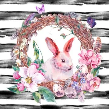Watercolor spring Happy Easter wreath Stock Illustration