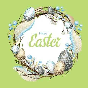 Watercolor Spring happy Easter wreath with inscription. Hand drawn tree branch Stock Illustration