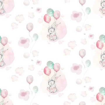 A watercolor spring illustration of the cute easter baby bunny. Rabbit cartoon Stock Illustration