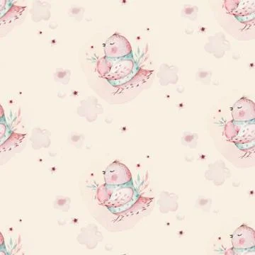 A watercolor spring illustration of the cute easter baby bird and eggs. Egg Stock Illustration