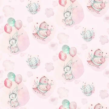 A watercolor spring illustration of the cute easter baby bunny. Rabbit cartoon Stock Illustration