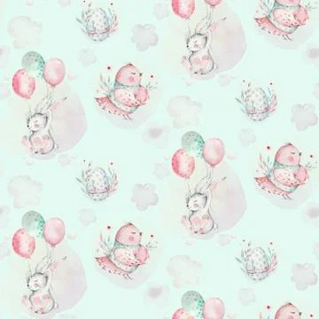 A watercolor spring illustration of the cute easter baby bunny. Rabbit cartoon Stock Illustration