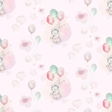 A watercolor spring illustration of the cute easter baby bunny. Rabbit cartoon Stock Illustration