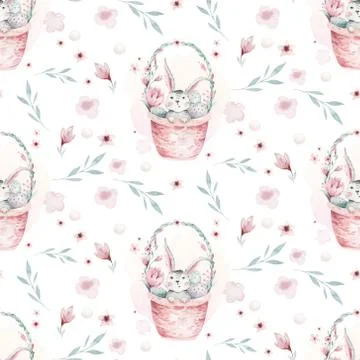 A watercolor spring illustration of the cute easter baby bunny. Rabbit cartoon Stock Illustration