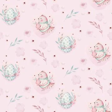 A watercolor spring illustration of the cute easter baby bird and eggs. Egg Stock Illustration
