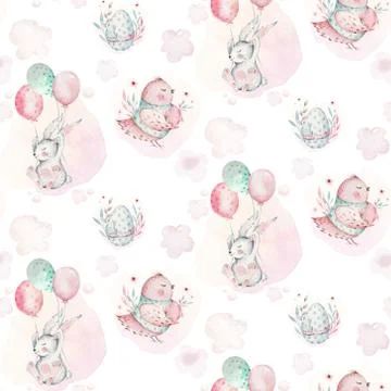 A watercolor spring illustration of the cute easter baby bunny. Rabbit cartoon Stock Illustration