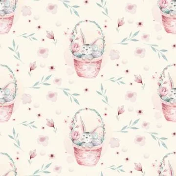 A watercolor spring illustration of the cute easter baby bunny. Rabbit cartoon Stock Illustration