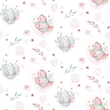 A watercolor spring illustration of the cute easter baby bird and eggs. Egg Stock Illustration