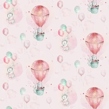 A watercolor spring illustration of the cute easter baby bunny. Rabbit cartoon Stock Illustration