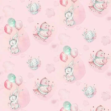 A watercolor spring illustration of the cute easter baby bunny. Rabbit cartoon Stock Illustration