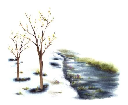 Watercolor spring landscape running stream, early buds leaves on the trees Stock Illustration
