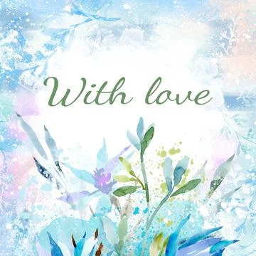 Watercolor spring romantic background, with delicate flowers, buds and text With Stock Illustration