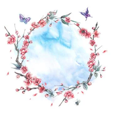 Watercolor spring round frame, blooming cherry Stock Illustration