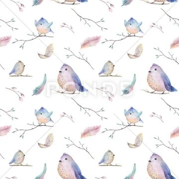 Watercolor spring rustic pattern with nest, birds, branch,tree Stock Illustration